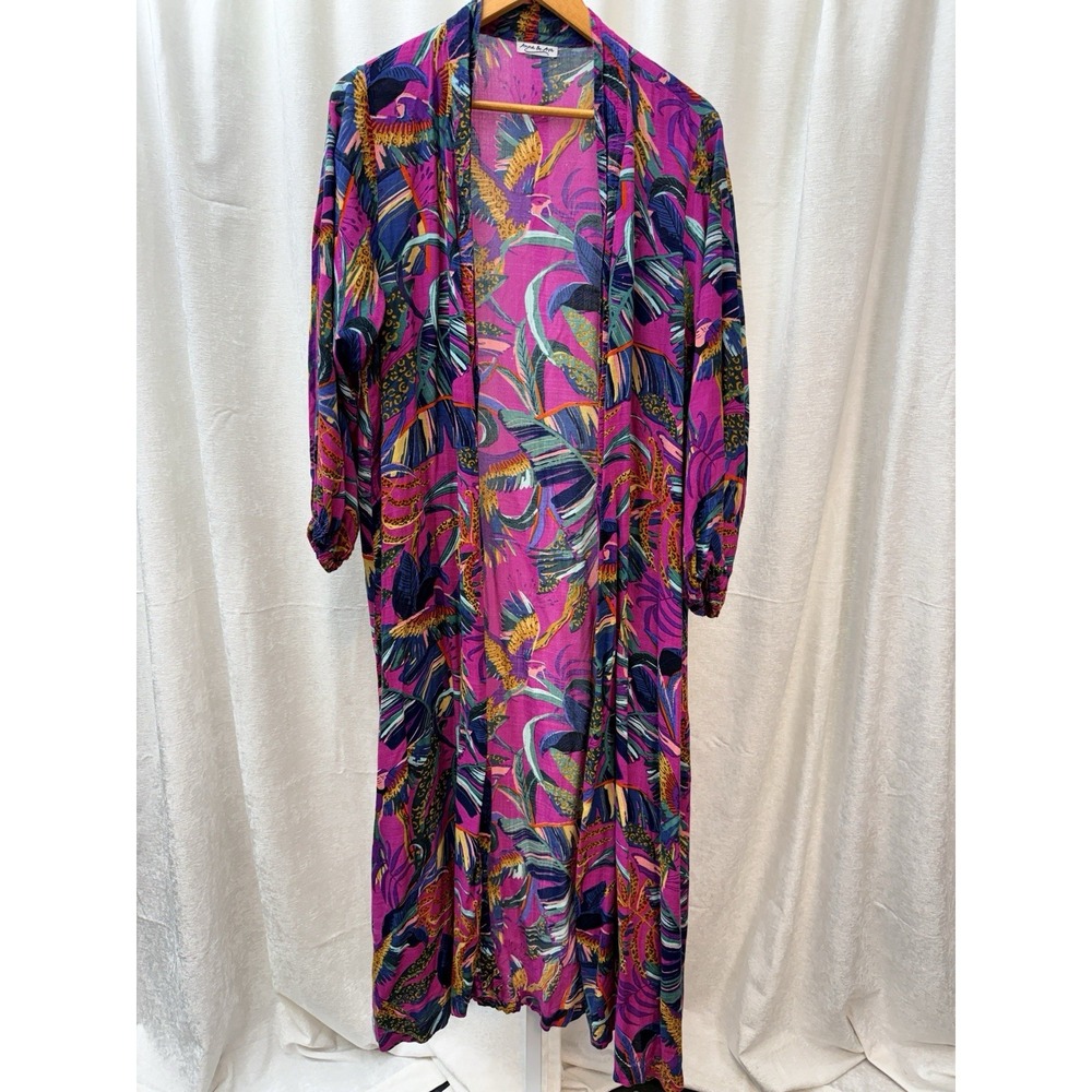 Anna & Ava Tropical Parrot Leopard Print Duster Robe Magenta Maxi Kimono ONE Sz